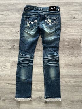 A7 Swarovski Crystal Distressed Jeans Size 1 | Rhinestone Hem | Low Rise